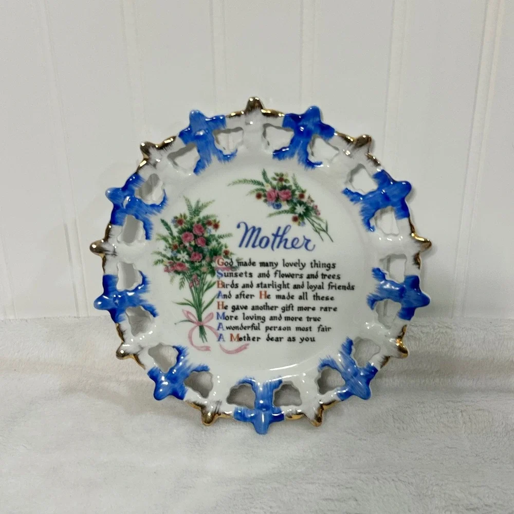 Unbranded Mother Decorative Plate Unisex 7.5in Blue White Excellent‎ Floral Poem